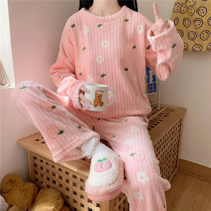 Winter-Damen-Pyjama-Homewear-Anzug, neues warmes Set aus Korallen-Fleece für Herbst und Winter, bequemer warmer Pyjama-Homewear-Anzug