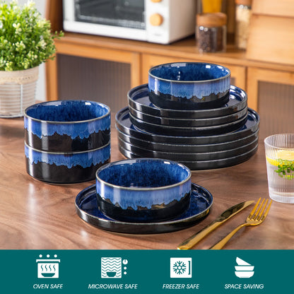 vancasso 12/24/36Piece Dinner set Black Blue Reactive Glaze Vertical edge Dinnerware set with 4PCS Dinner Plate/ Dessert/Bowl.