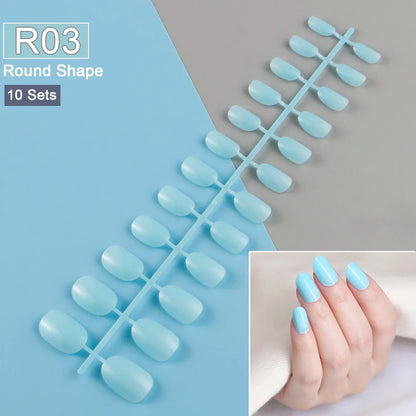 10 Sets/Pack Mixed Solid Colors Coffin Round Square Almond Shape False Nails Full Cover Nail Tips Short Fake Nails Tip Manicure