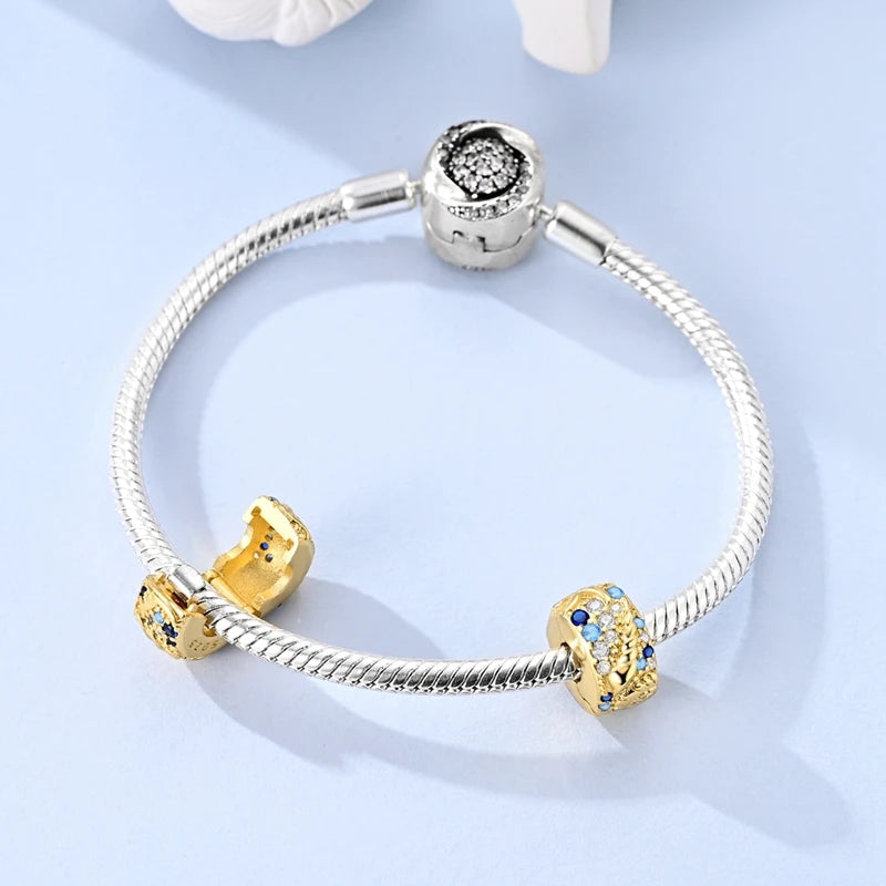 Gold Series DIY Charms Bead Original 925 Sterling Silver Inlaid Zirconium Sun Leopard Pendants Fit Bracelet Jewelry Gift Marking.