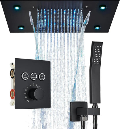 Thermostatic Mixers Bathroom Shower Faucet Set Led Rain Waterfall Bathtub Shower System Remote Control Colors Ceiling Mounted