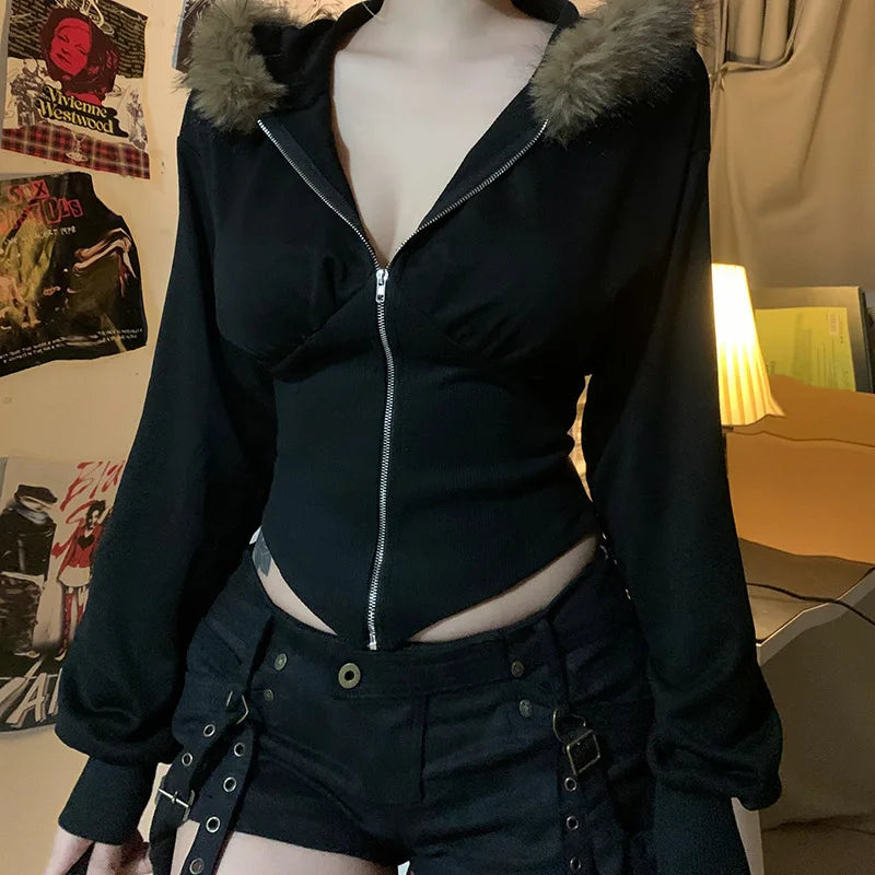 Goth Dark Autumn Winter Faux Fur Collar Solid Hooded Coats Women Casual Slim Waist Zip Hoodies Gothic Jackets Chic Streetwear