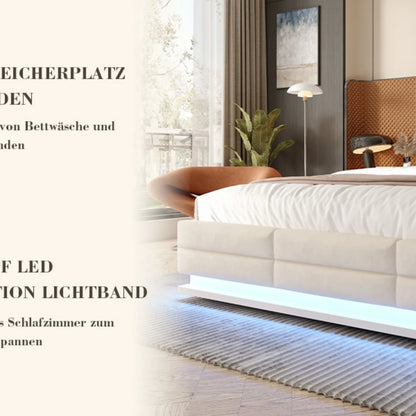 160 x 200 cm großes Bett, modernes, höhenverstellbares Kopfteilbett mit großem Stauraum und LED-Umgebungsbeleuchtung, USB/Typ-C-Verbindungen