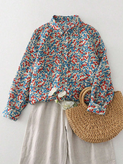 Ladies long sleeve shirt new style floral pattern shirt French style simple daily button casual women's top.