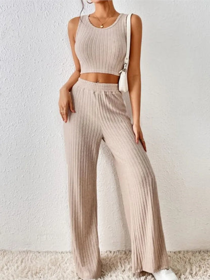 New Spring Solid Color Fashion Casual Knitted Cotton Waist Sleeveless Tank Top High Waist Pants Set For Women's Clothing.