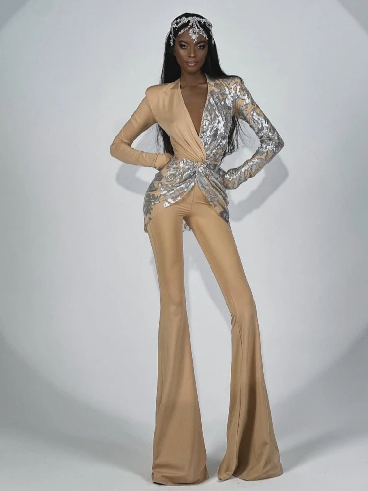Sexy Deep V Neck Sparkly Diamonds Design Jumpsuit Women Long Sleeve Draped Wide Leg Jumpsuit Elegant Evening Club Costume Runway.