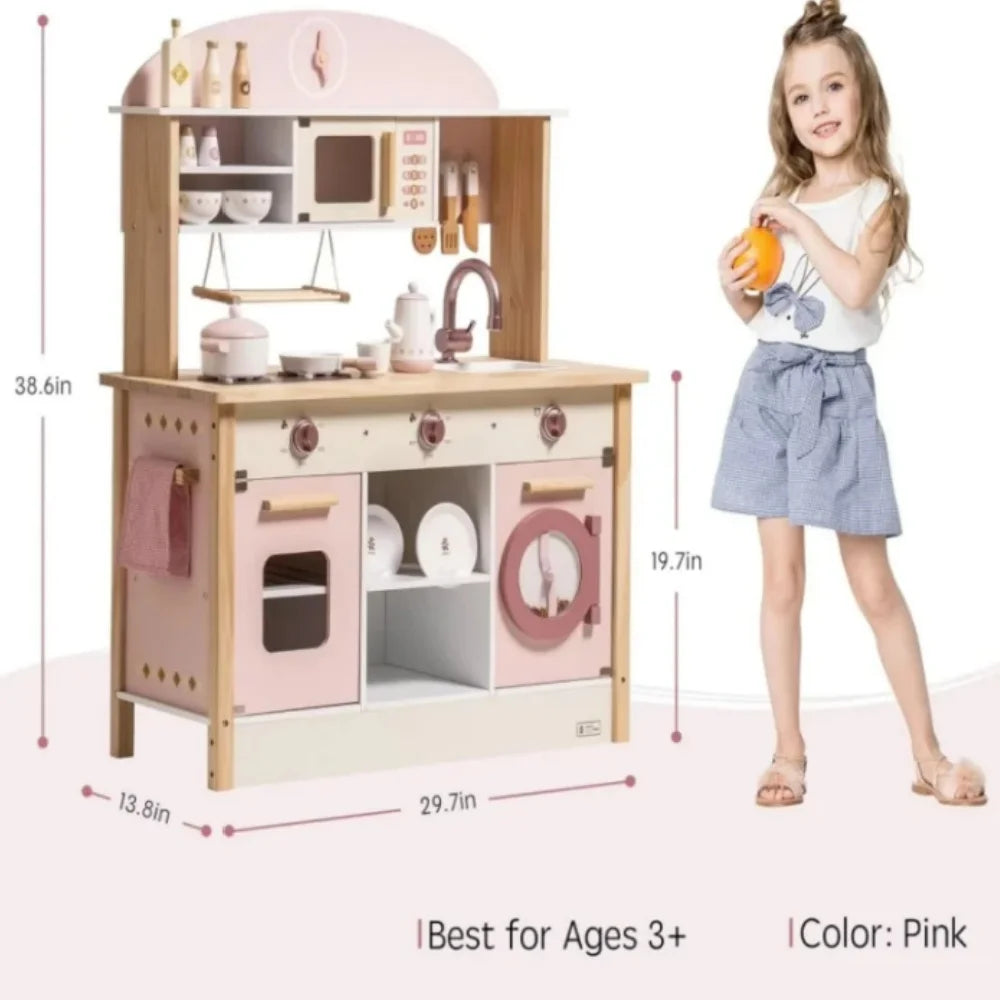 Robotime Robud Kids Corner Kitchen Playset Wooden Play Kitchen Set with Realistic Sound Pretend Play Gift for Boys Girls Pink.