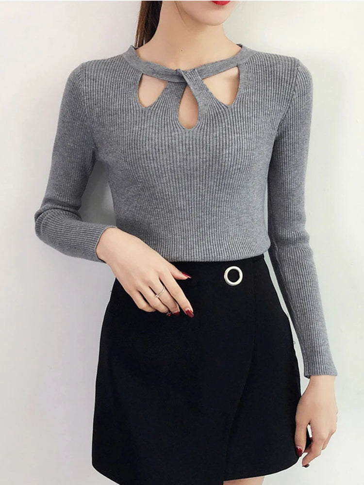 2025 Fashion Hollow Out Women Sweaters Autumn Winter Tops Slim Women Pullover Knitted Sweater Basic Solid Jumper Soft Warm Pull