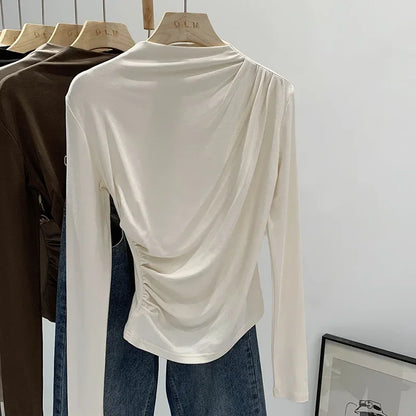 Early Autumn Pure Color High Neck Pleated Slim Fit Sexy Base Shirt Women's Fashionable Crew Neck T-shirt Full Sleeve China Origi.
