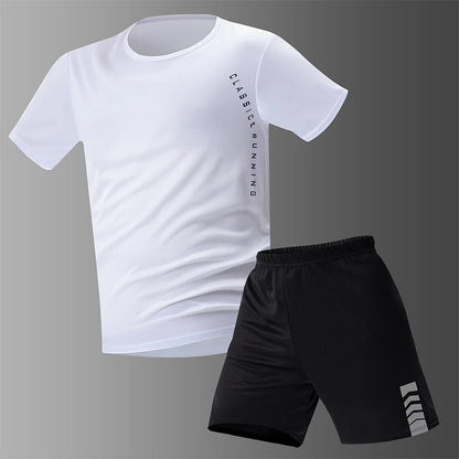 2-pcs Men's Quick-drying Exercise Black-and-white Suit Running Fitness Breathable Short Sleeve Comfortable Joker Playing Shorts