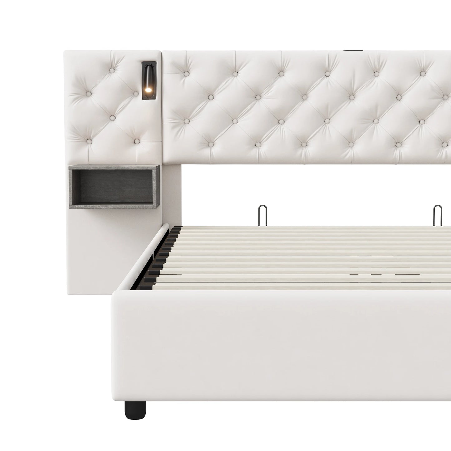 Rosahqnda Polsterbett, Doppelbett, 140/160 x 200 cm, mit 2 Nachttischen, mit LED und USB, hydraulisches Stauraumbett, Samtbeige