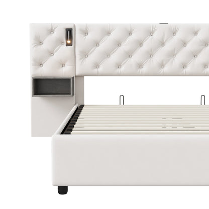 Rosahqnda Polsterbett, Doppelbett, 140/160 x 200 cm, mit 2 Nachttischen, mit LED und USB, hydraulisches Stauraumbett, Samtbeige