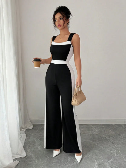 Elegant Color Block Wide Leg Jumpsuit Sleeveless Women's Spring Summer Vacation Style Cross-Border Fashion Ladies' Outfit.