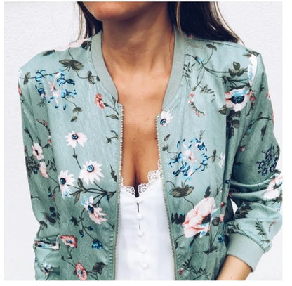 Women Elegant Zipper Bomber Jacket Spring Autumn Floral Printed Jackets Office Wear Slim Office Coat Retro Outwear.
