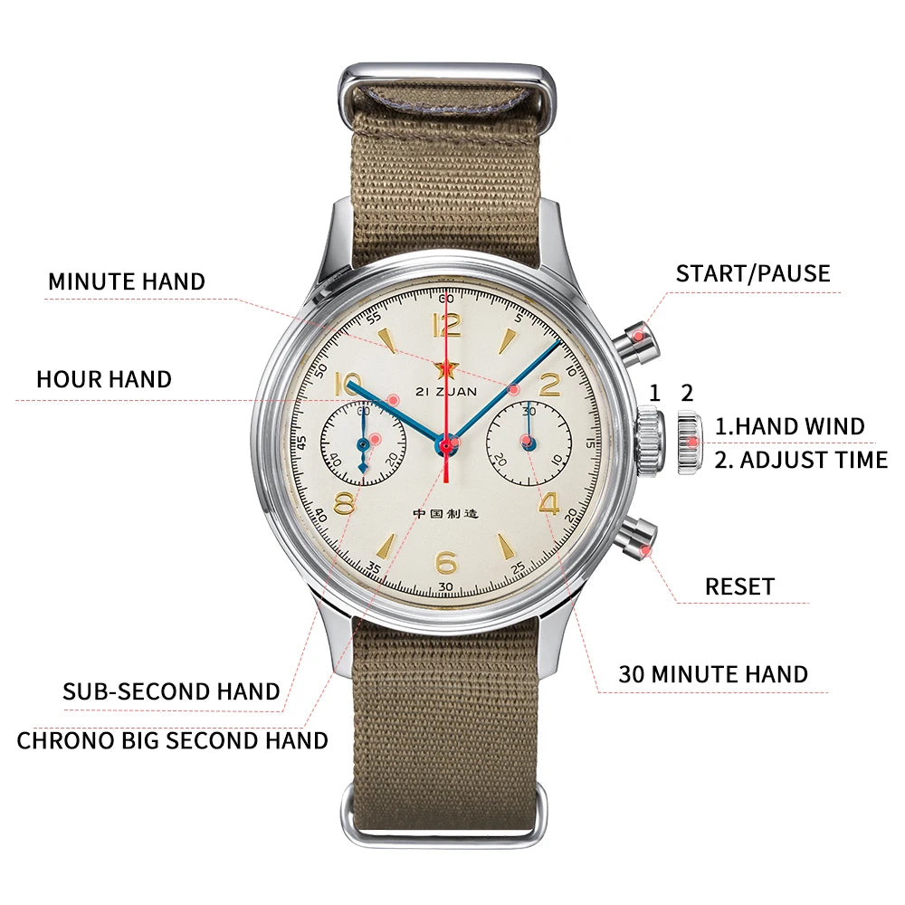 RED STAR 38mm Men's 1963 Chronograph Mechanical Watch Pilot with Seagull Movement ST1901 Air Force Aviation Sapphire Goose 40mm.