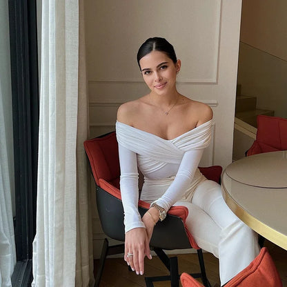 Y2K Women Sexy Off Shoulder Bodysuit Solid Color Long Sleeve Skinny Romper Crossed Folds Fashion Streetwear Autumn.