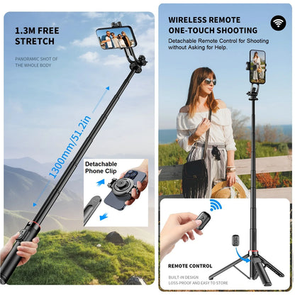 Magnetic Selfie Stick for iPhone Phone Camera 51" Extendable Magsafe Tripod Selfie Stick with Remote for Travel Vlog Videos.