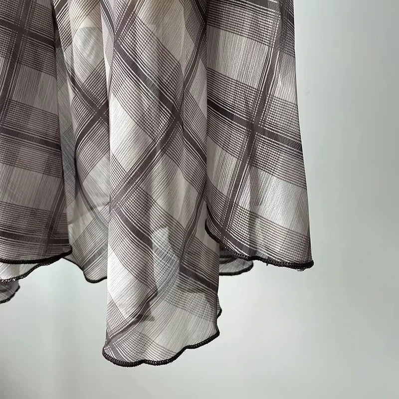 Flowing Check Midi Skirt 2025 Spring Summer New Retro Long Skirt Seaside Holiday Casual Brown Women Clothing.