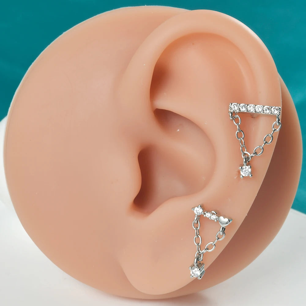 1PC 316L Surgical Steel Star Water Drop Heart CZ Chain Ear Cartilage Tragus Helix Stud Earring Daith Lobe Piercing Body Jewelry.