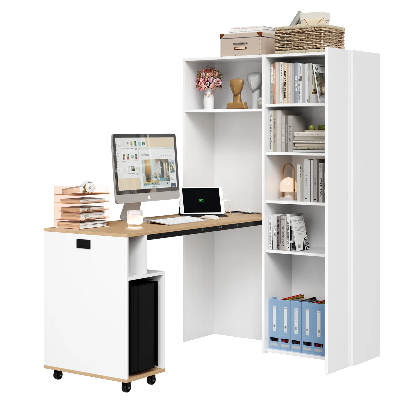 Klappbarer Schreibtisch mit Regalen – 2-in-1-Bücherregal und Schreibtisch, klappbar, mit Steckdose und USB-Anschluss, höhenverstellbare Regale
