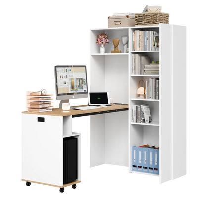 Klappbarer Schreibtisch mit Regalen – 2-in-1-Bücherregal und Schreibtisch, klappbar, mit Steckdose und USB-Anschluss, höhenverstellbare Regale
