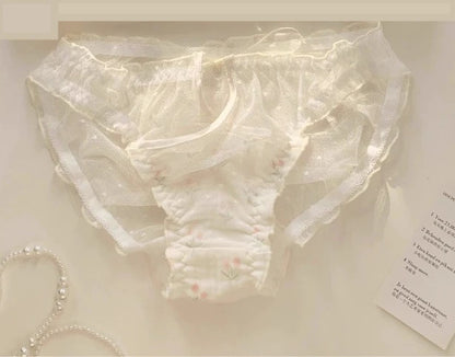 YUQI Kawaii Lace Bralette Set Japanese Floral Mesh Underwear Summer Ultra-Thin Lace-Up Cutout Romantic Bra 2024 New Kawaii set.