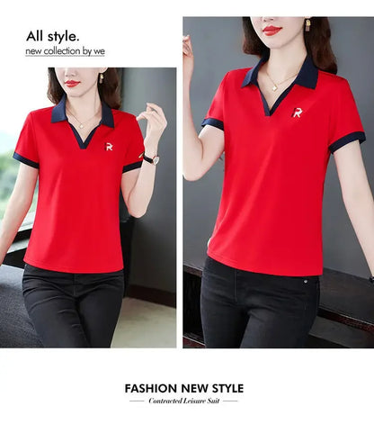 Women's Slim Fit Polo Shirt Short Sleeve T-Shirt Casual Sporty Loose Fashionable Summer Top Turn-down Collar Comfortable.