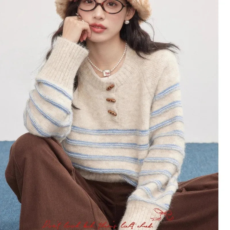 Striped Pullover Sweater Women Knitted Shirts Autumn Winter Female Fashion O-neck Knitwear Long Sleeve Casual Sweaters Knit Tops.