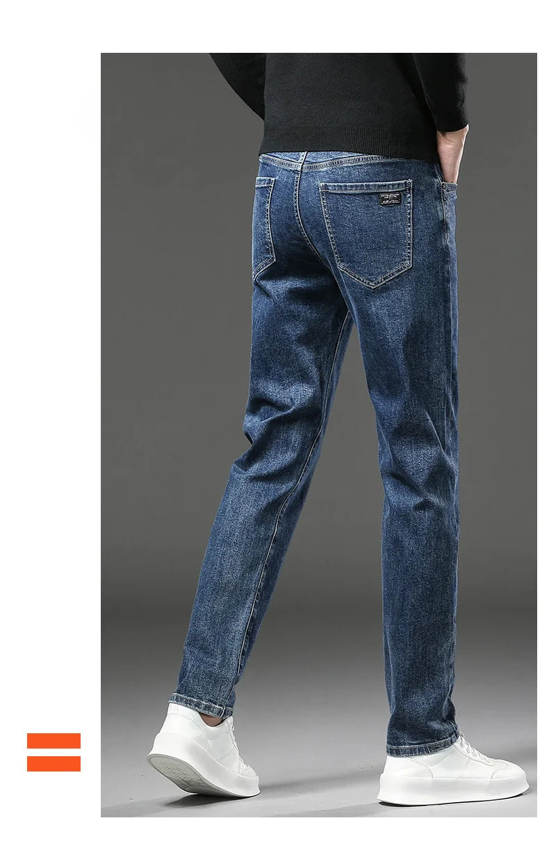 Winter Fleece Thick Warm Jeans Men's Slim Straight Elastic Denim Pants Casual Male Clothing Fashion Plush Trousers.