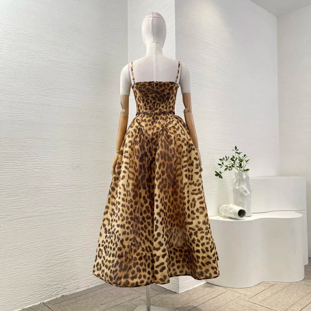 Klassisches Leopardenmuster, neues, hochwertiges 2025, Leinen-Seide, ärmellose Falten, Diamanten, Damen-Vintage-Spaghetti-Midikleid.