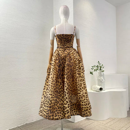Klassisches Leopardenmuster, neues, hochwertiges 2025, Leinen-Seide, ärmellose Falten, Diamanten, Damen-Vintage-Spaghetti-Midikleid.