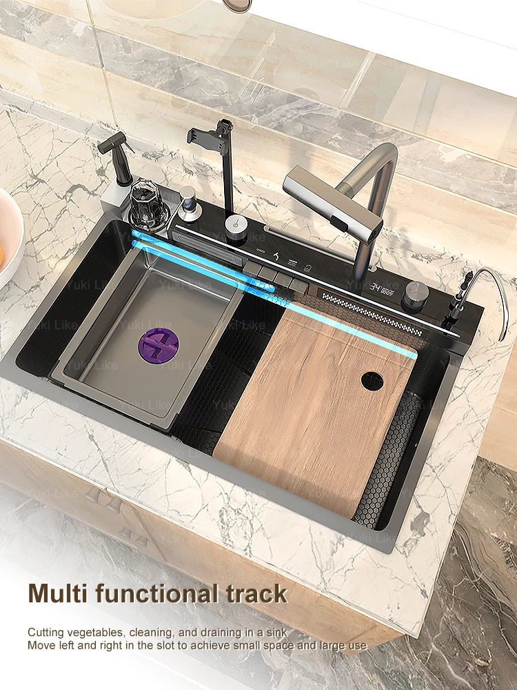 Stainless Steel Kitchen Sink Multifunctional Piano Button Waterfall Spout Faucet Digital Display Screen Dishwashing Basin