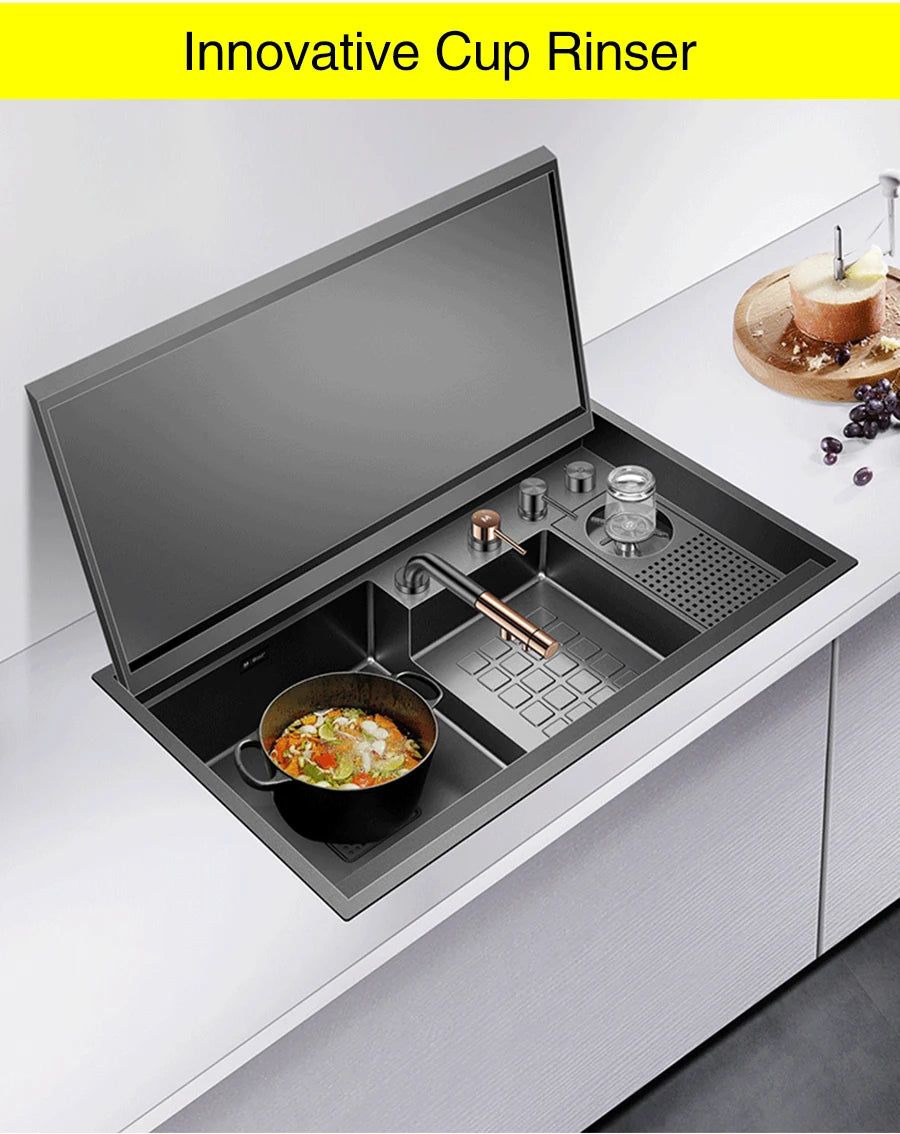 ASRAS Nanometer Black Flip Cover Hidden kitchen Sink 304 Stainless Steel 4mm Thickness Handmade Stepped Sinks Cup Rinser Sinks