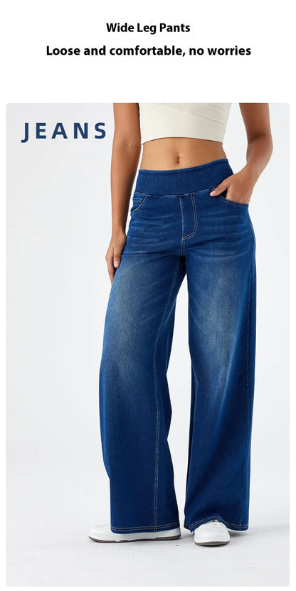 Women's New Large Size Denim Wide-Legged Trousers American High-Waisted Thin Straight Loose Casual Trousers Casual Jeans.
