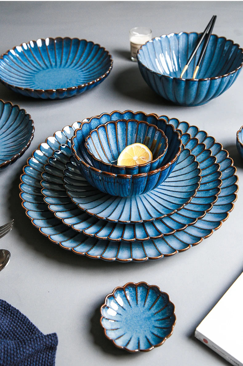 Retro Household Ceramic Tableware Kiln Variable Glaze Western Plate Creative Long Plate Main Dish Dinner Plate Kitchen Supplies.