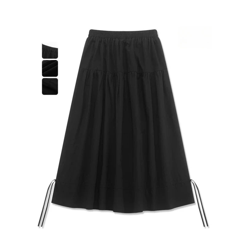 Vintage Black Midi Skirt Women Japanese Harajuku Drawstring Bud Skirts Summer Streetwear Korean Casual Design A Line Faldas New.
