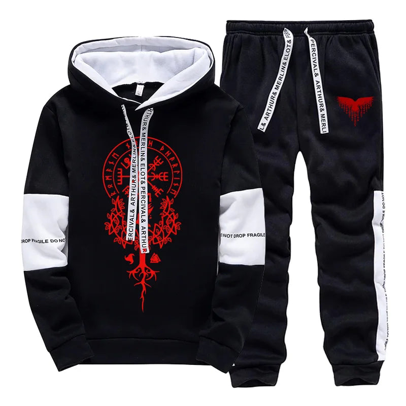 2025 Trendy Mens Tracksuit Hooded Sweatpants Viking Raven Print Autumn Winter Casual Sportswear Jogging Outfit Clothes for Man.