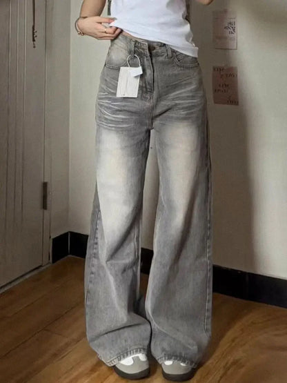 Vintage Wide-Leg Jeans Grey American Style Straight-Leg Casual Pants For Women Loose Fit Draped Spring Autumn 2024 New Arrival.