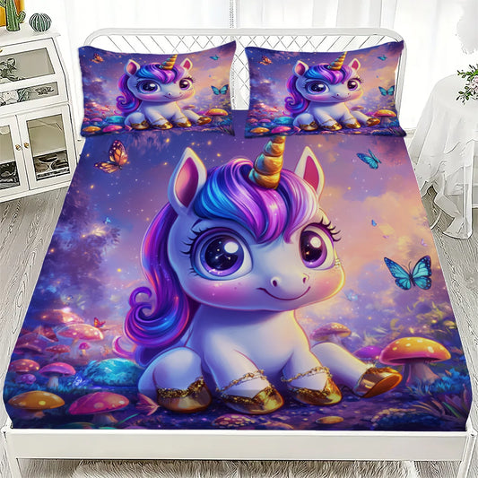 3D Fitted Sheets Set Unicorn Pattern Cute Bedding Set Printed With 1/2 Pillowcases Customized For Boys And Girls Kids Decorate.