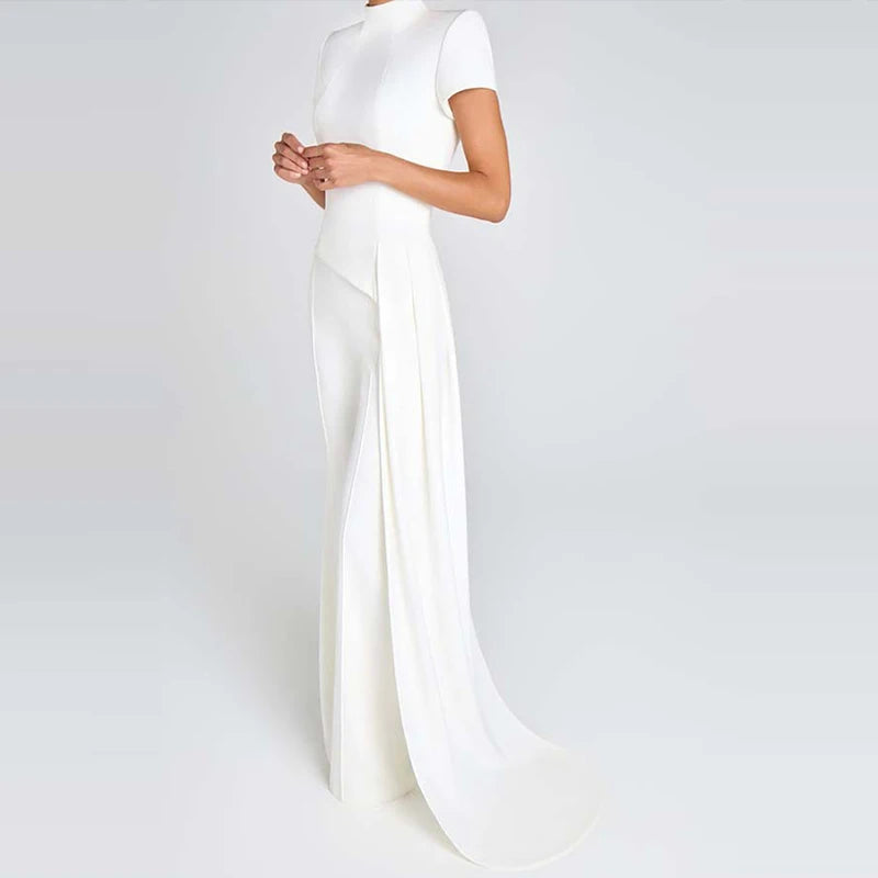 Simple Solid High Waist Straight Suit Office Elegant Party Outfit Women's Stand Collar Short Sleeved Top and Pants Two Piece Set.