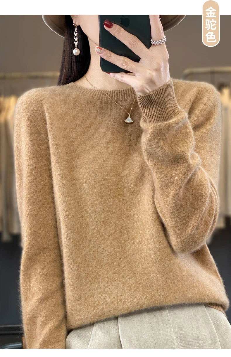 100% Merino Wool Sweater Women O-neck Cashmere Knitwear Female Pullover Autumn Winter Casual Tops Solid Color Soft  Clothing.