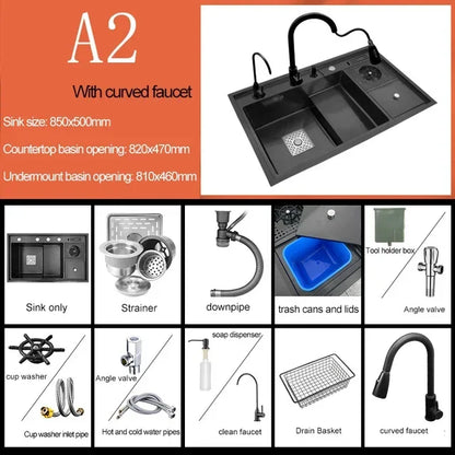 Nano Kitchen Sink Multi-Function Stepped Kitchen Sink 304 Stainless Steel Vegetable Washing Basin With High Pressure Cup Washer