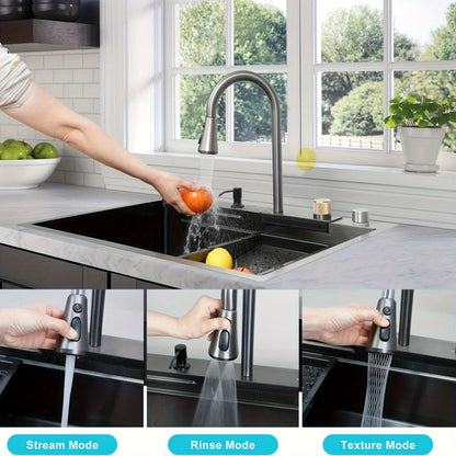 Multifunctional Stainless Steel Kitchen Sink – Double Basin Undermount with Waterfall Faucet, Drain Basket & Cutting Board