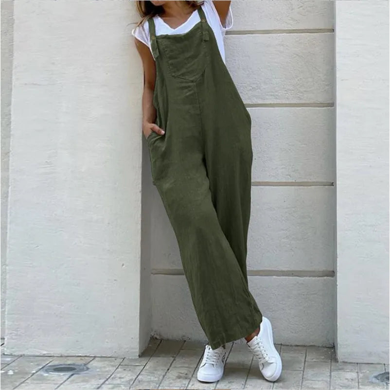 Spring Summer Jumpsuit For Women Solid Color Romper Casual Pant Pockets Button Wide Leg Strap Jumpsuits Loose Rompers Overalls.