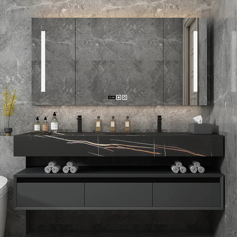 Leichter, luxuriöser Badezimmerschrank aus Steinplatten, integriertes Waschbecken, kombiniertes Waschbecken, WC-Waschbecken, nordischer einfacher Spiegelschrank