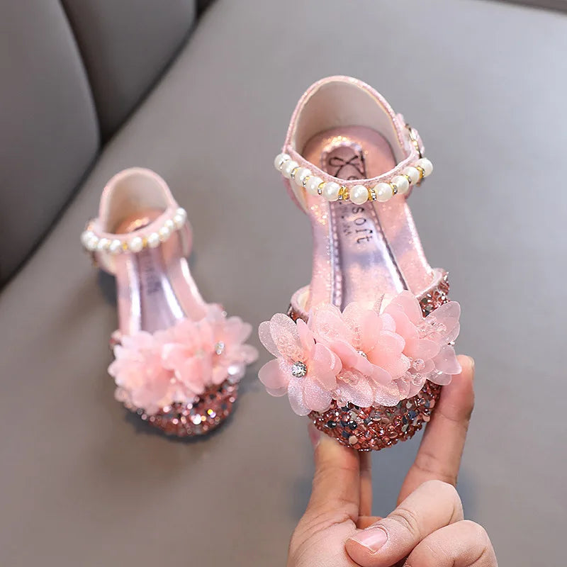 Fashion Children's Sandals 2024 Spring Summer Shining Flowers Sweet Girl Princess Shoes Dance Performance Kids Sandals J191.