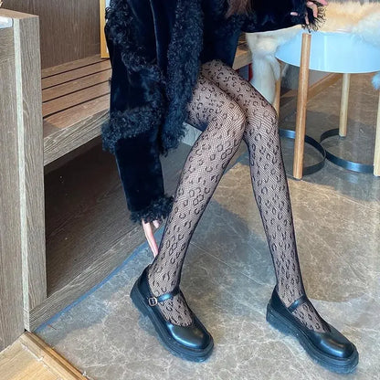 Women Sexy Patterned Fishnet Geometric patterns Pantyhose Slim Legs Long Mesh Tights Ladies Transparent Retro Fish Net Leggings