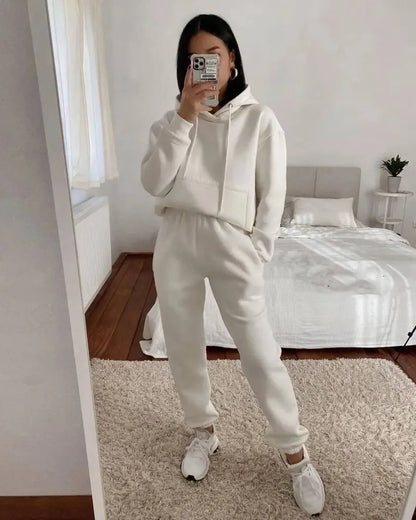 Women's Pocket Long-sleeved Hooded Sweatshirt Casual Set Autumn Winter New Solid Color Loose Sport Long Pants 2 Piece Set Female