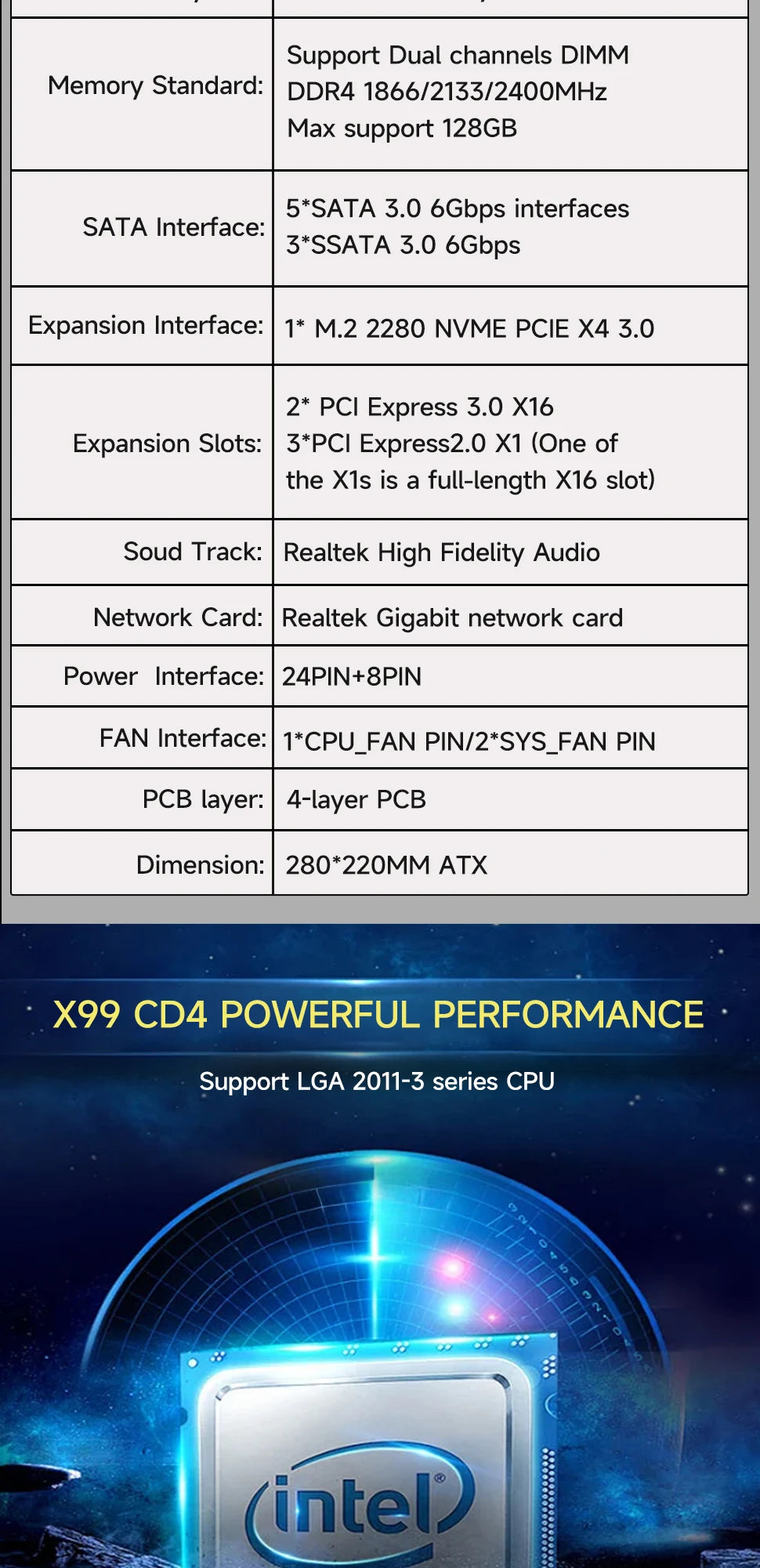 HUANANZHI X99 CD4 Motherboard Support LGA 2011-3 Intel Xeon E5 V3 V4 DDR4 RECC NON-ECC Memory with TPM 2.0 for Desktop Computer.