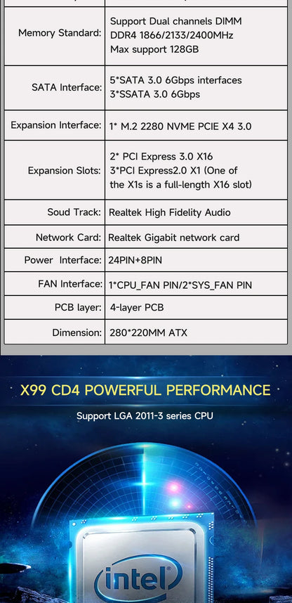 HUANANZHI X99 CD4 Motherboard Support LGA 2011-3 Intel Xeon E5 V3 V4 DDR4 RECC NON-ECC Memory with TPM 2.0 for Desktop Computer.